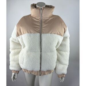 Abercrombie Fitch‎ Ultra Mini Puffer Jacket Women XL NWT Sherpa Full Zip Beige